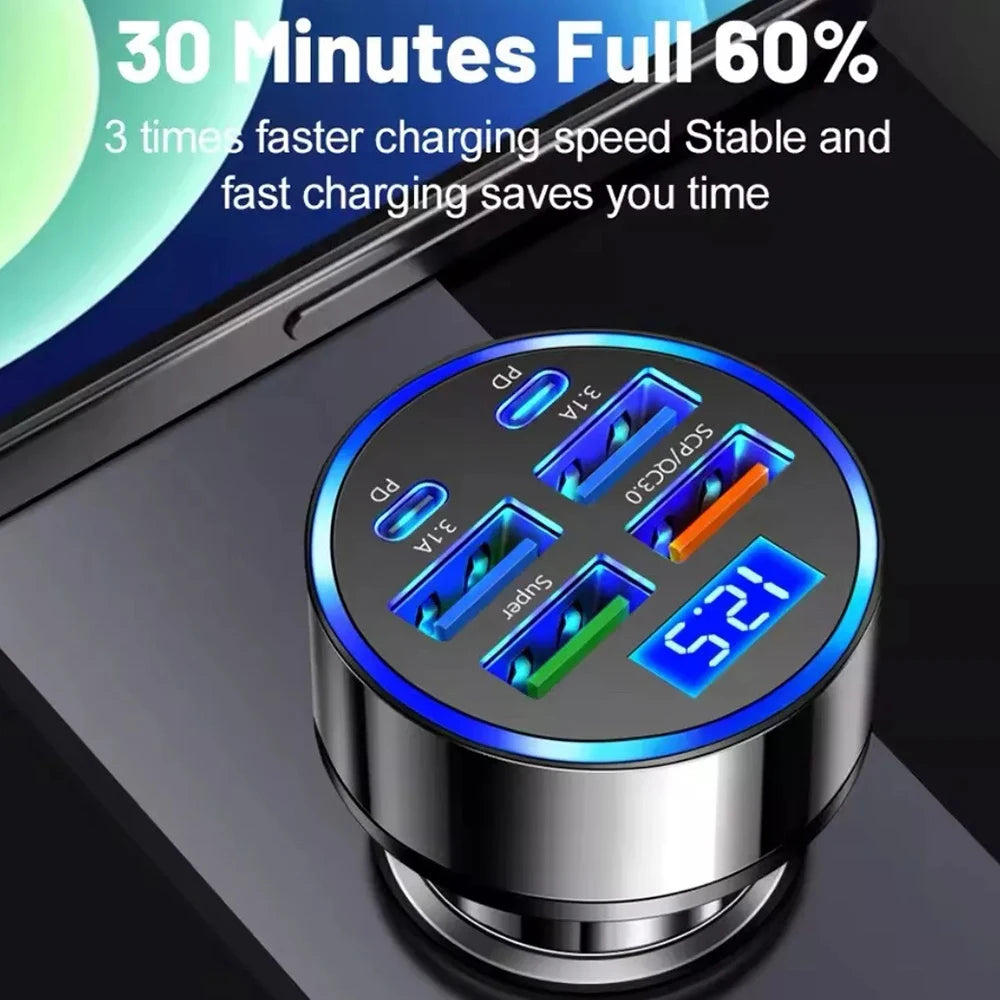 6 in 1 USB C Car Phone Charger Adapter with Voltage Display Dual PD Super Fast for iPhone 15 Pro max OPPO Samsung Huawei