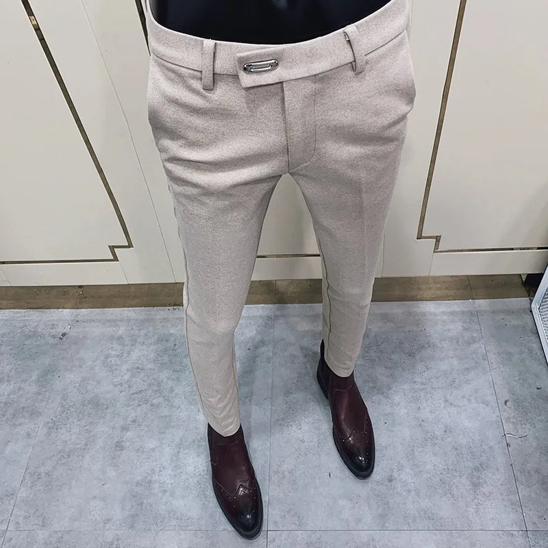Autumn Winter Thickened Woolen Suit Pants Men Casual Slim Fit Straight Trousers Formal Business Woolen Social Office Warm Pants khaki CHINA