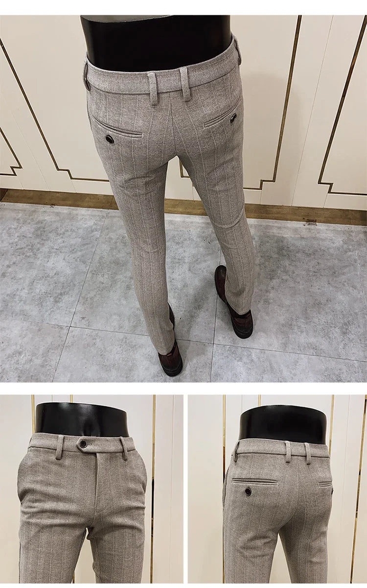 Autumn Winter Thickened Woolen Suit Pant High Quality Men Business Slim Striped Trousers Formal Wear Office Social Dress Pants