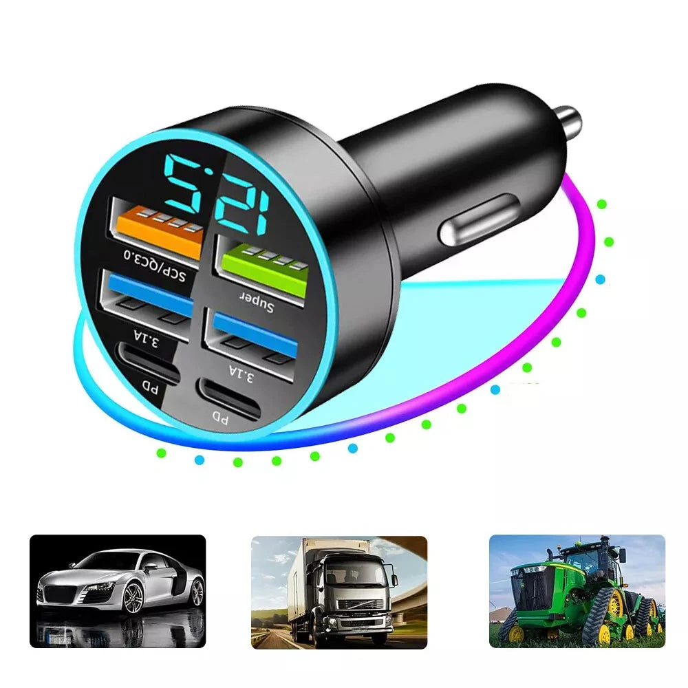 6 in 1 USB C Car Phone Charger Adapter with Voltage Display Dual PD Super Fast for iPhone 15 Pro max OPPO Samsung Huawei