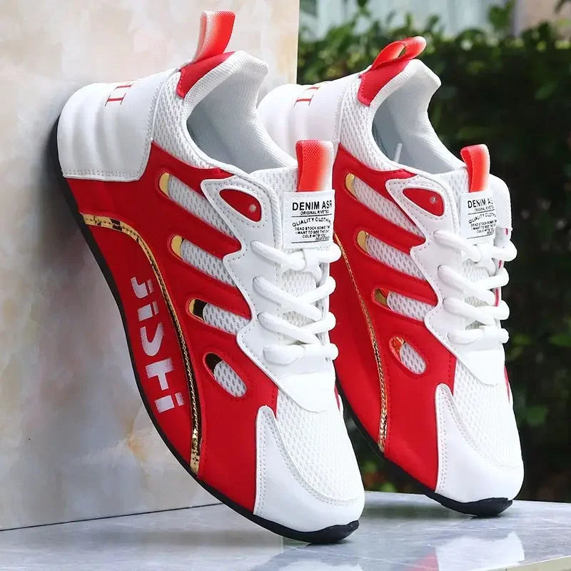 Luxury Men's Sneakers High Quality Leather Casual Shoes for Men Fashion All-match Sport Shoes Platform Comfor Men Running Shoes mesh white red