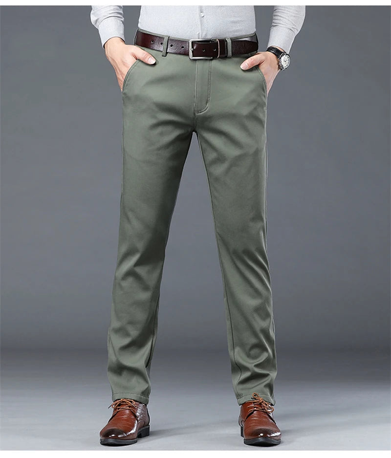 2023 Men's Autumn Winter Fleece Fluff Thicken Warm Casual Pants Men Business Straight Elastic Thick Cotton Trousers Male