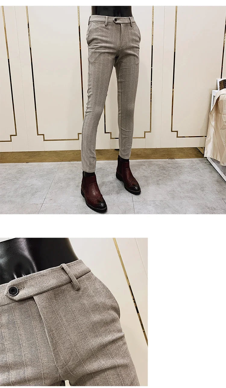 Autumn Winter Thickened Woolen Suit Pant High Quality Men Business Slim Striped Trousers Formal Wear Office Social Dress Pants
