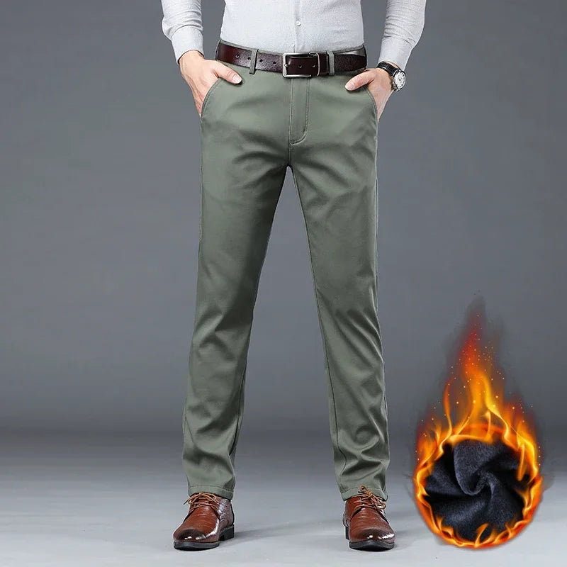 2023 Men's Autumn Winter Fleece Fluff Thicken Warm Casual Pants Men Business Straight Elastic Thick Cotton Trousers Male Army Green Fleece