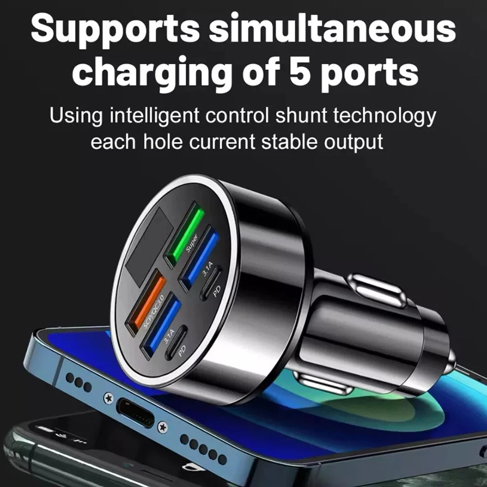 6 in 1 USB C Car Phone Charger Adapter with Voltage Display Dual PD Super Fast for iPhone 15 Pro max OPPO Samsung Huawei