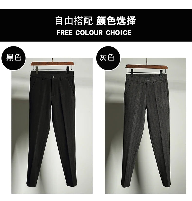 Autumn Winter Thickened Woolen Suit Pant High Quality Men Business Slim Striped Trousers Formal Wear Office Social Dress Pants