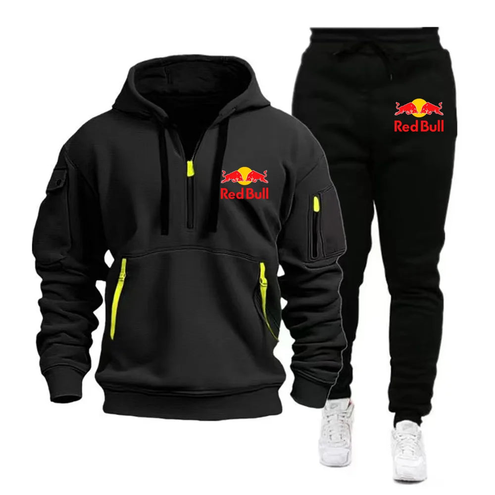 2025 New Red Bull European Size Autumn/Winter Men's Hoodie Set Kangaroo Pocket Hoodie Sports Pants Two Piece Set black CHINA