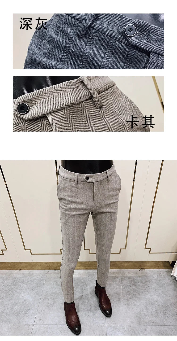 Autumn Winter Thickened Woolen Suit Pant High Quality Men Business Slim Striped Trousers Formal Wear Office Social Dress Pants