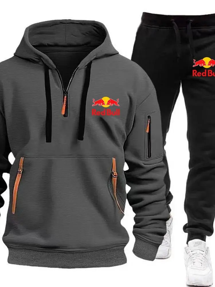 2025 New Red Bull European Size Autumn/Winter Men's Hoodie Set Kangaroo Pocket Hoodie Sports Pants Two Piece Set