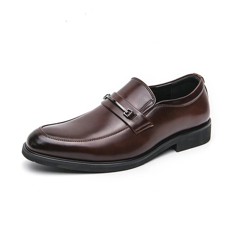 Men's Formal Leather Shoes Classic Style Slip On Loafers Round Toe Breathable Non-Slip Business Dress Wedding Office Casual Shos Brown