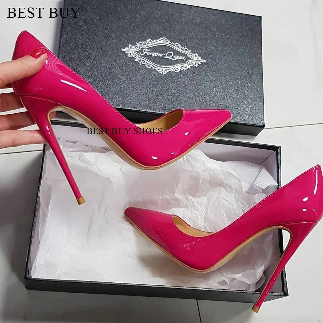 Sexy Style Burgundy Patent Leather Shallow Pumps Stilettos High Heel Women Shoes Slip-On Pointed Toe 2024 Zapatos Para Mujere high heel 12cm 19