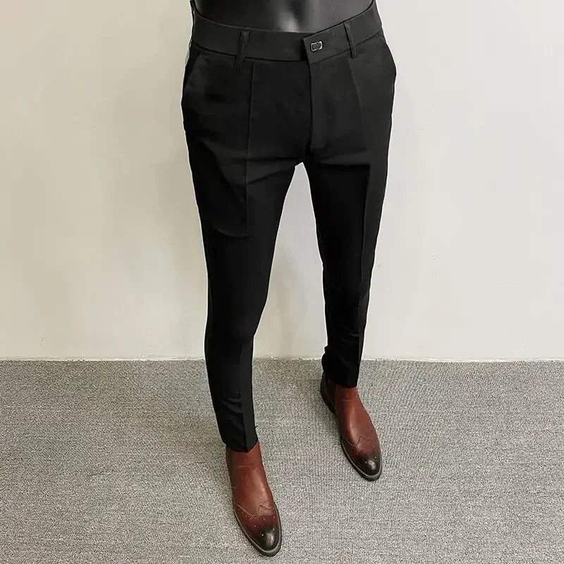 Autumn Winter Thickened Woolen Suit Pant High Quality Men Business Slim Striped Trousers Formal Wear Office Social Dress Pants 001 Black Thin CHINA