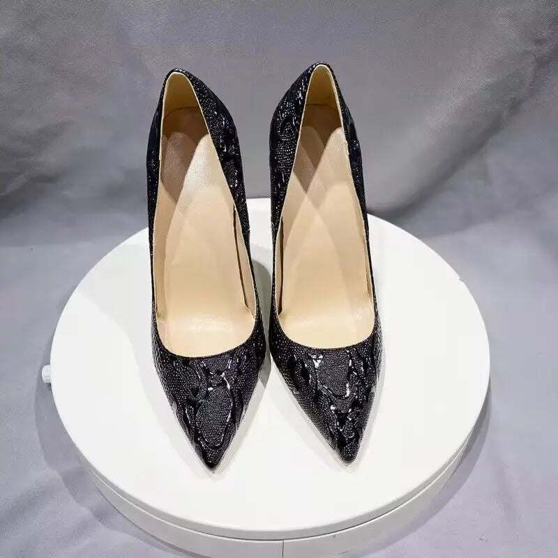Tikicup Black Embossed Crocodile Women Sexy Pointy Toe High Heel Shoes Slip On Dress Stiletto Pumps Customized Plus Size 33-46 8cm Black