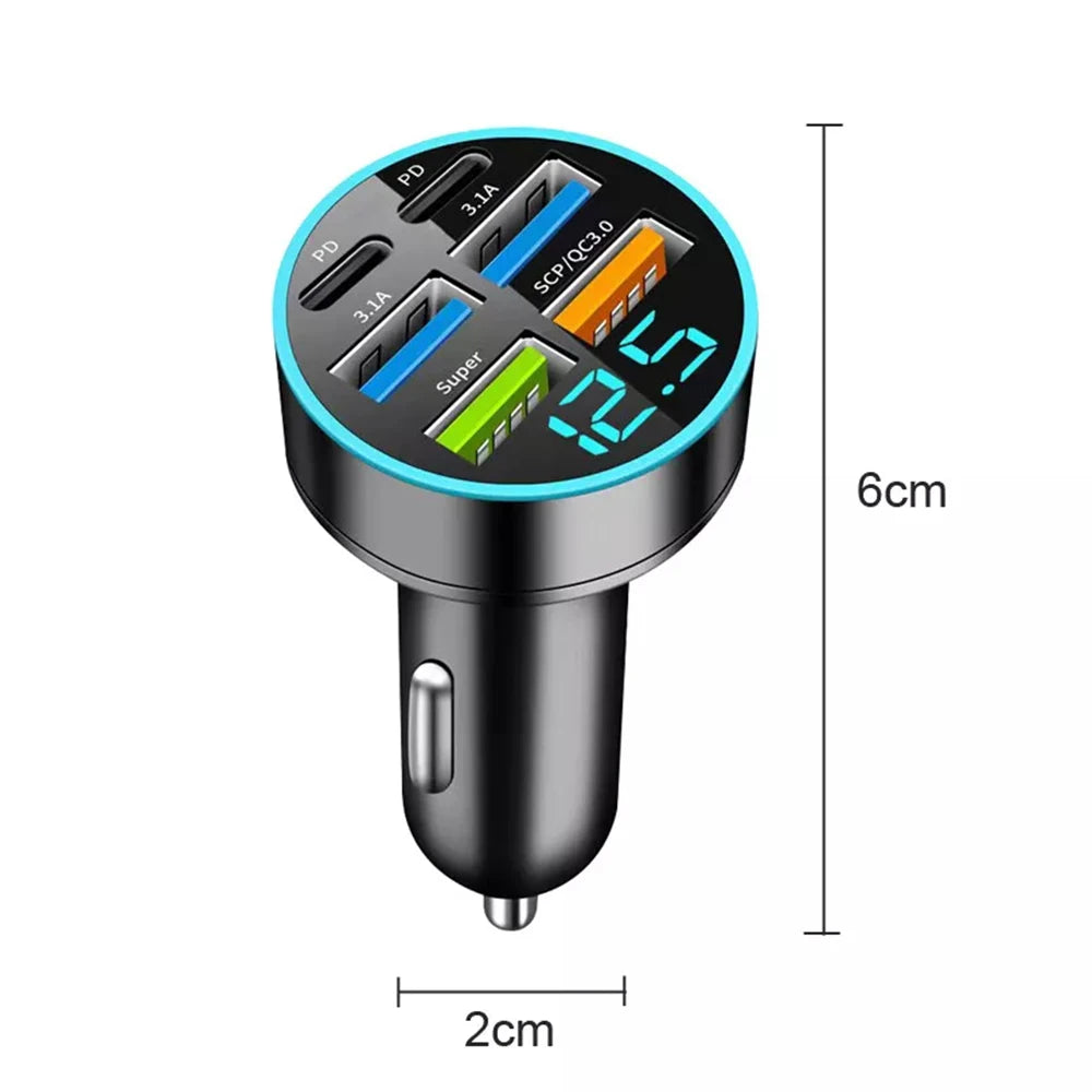 6 in 1 USB C Car Phone Charger Adapter with Voltage Display Dual PD Super Fast for iPhone 15 Pro max OPPO Samsung Huawei