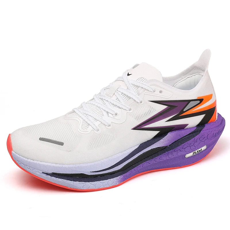 Men Sports Breathable Lightweight Running Shoes Speciality Carbon Board Marathon Men's Comfortable Athletic Nonskid Sneakers WhitePuble