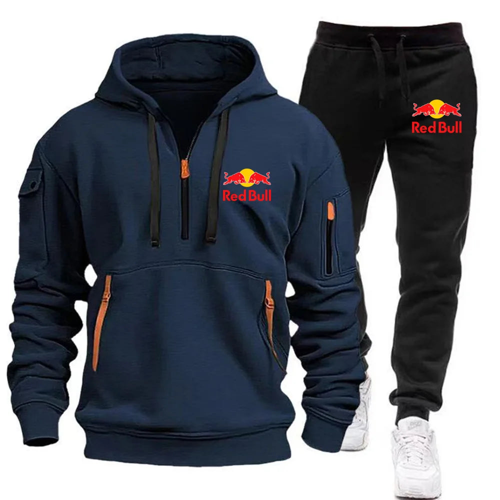 2025 New Red Bull European Size Autumn/Winter Men's Hoodie Set Kangaroo Pocket Hoodie Sports Pants Two Piece Set Navy Blue CHINA