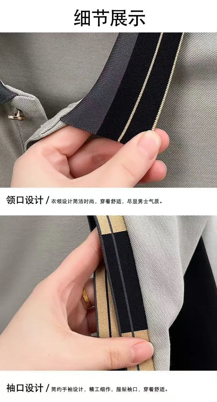 Men'S New Embroidered Short Sleeved Striped Grid Polo Shirt, Business Casual Fashionable Breathable Clothing, Youthful Fashion,