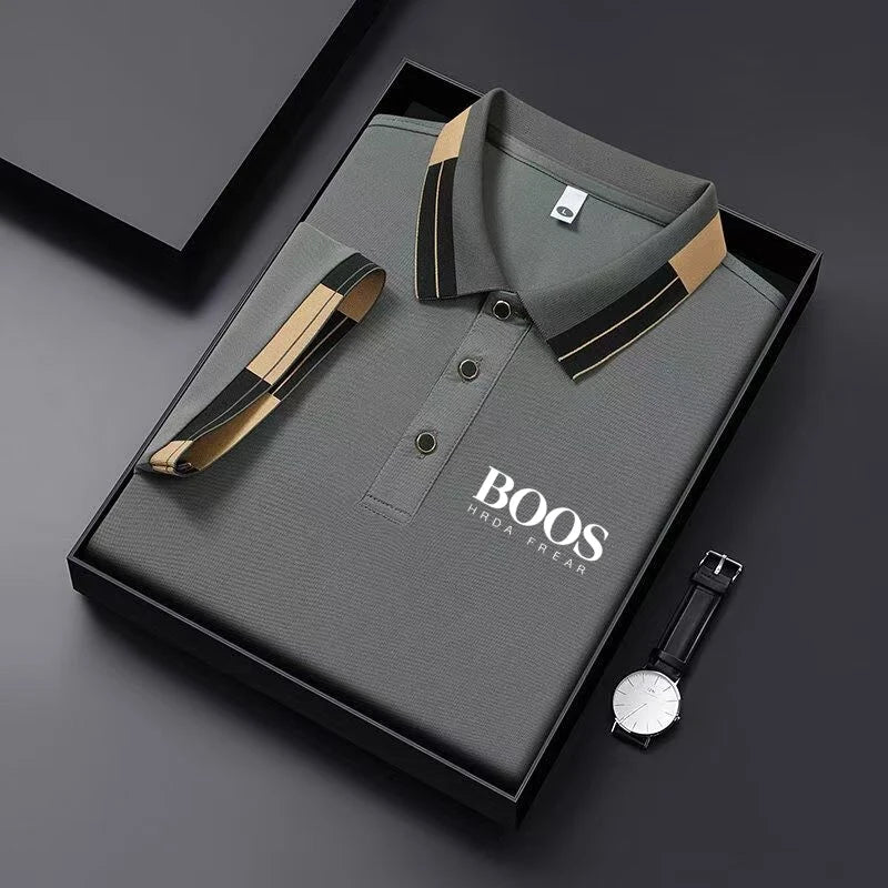 Men'S New Embroidered Short Sleeved Striped Grid Polo Shirt, Business Casual Fashionable Breathable Clothing, Youthful Fashion, HUI