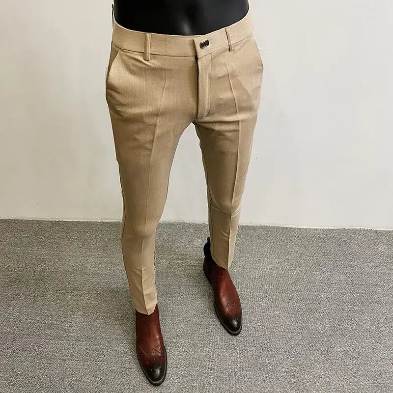 Autumn Winter Thickened Woolen Suit Pant High Quality Men Business Slim Striped Trousers Formal Wear Office Social Dress Pants 001 Khaki Thin CHINA