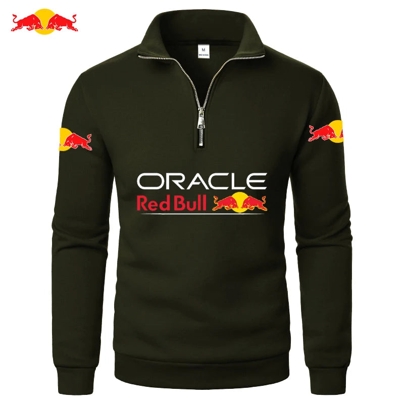 Red Bull Logo Men's High-Neck Half-Zip Long-Sleeved Sport Shirt Autumn-Winter Fashion Thickened Casual Top Solid Color army green CHINA