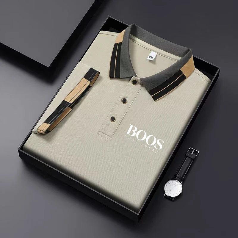 Men'S New Embroidered Short Sleeved Striped Grid Polo Shirt, Business Casual Fashionable Breathable Clothing, Youthful Fashion, KQ