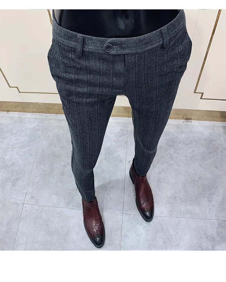 Autumn Winter Thickened Woolen Suit Pant High Quality Men Business Slim Striped Trousers Formal Wear Office Social Dress Pants