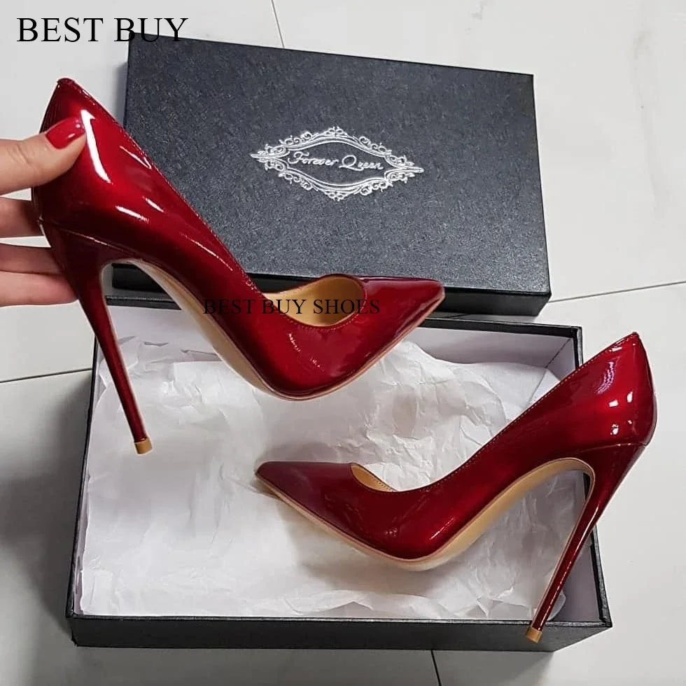 Sexy Style Burgundy Patent Leather Shallow Pumps Stilettos High Heel Women Shoes Slip-On Pointed Toe 2024 Zapatos Para Mujere high heel 12cm 4