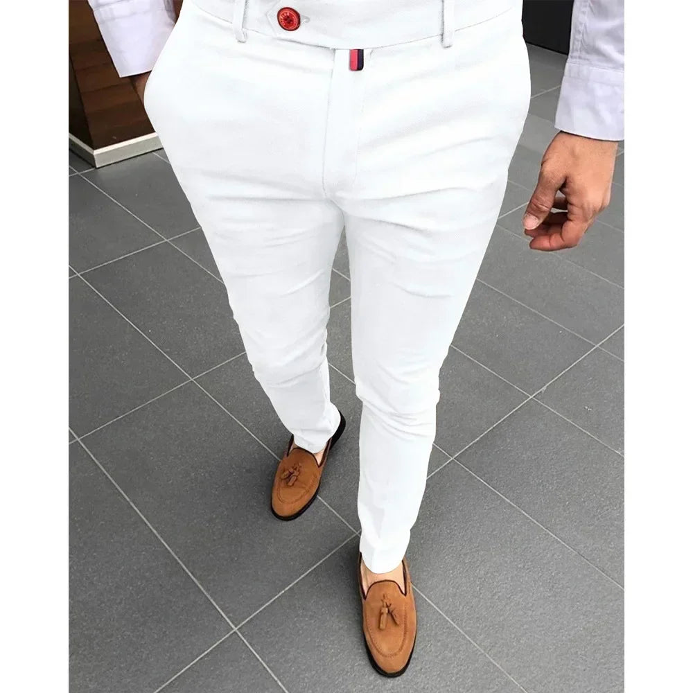 2025 Men's Fashion Casual Trousers Daily Business Formal Pants High Waist Slim Solid Versatile Small Feet Pants Male Four Season White