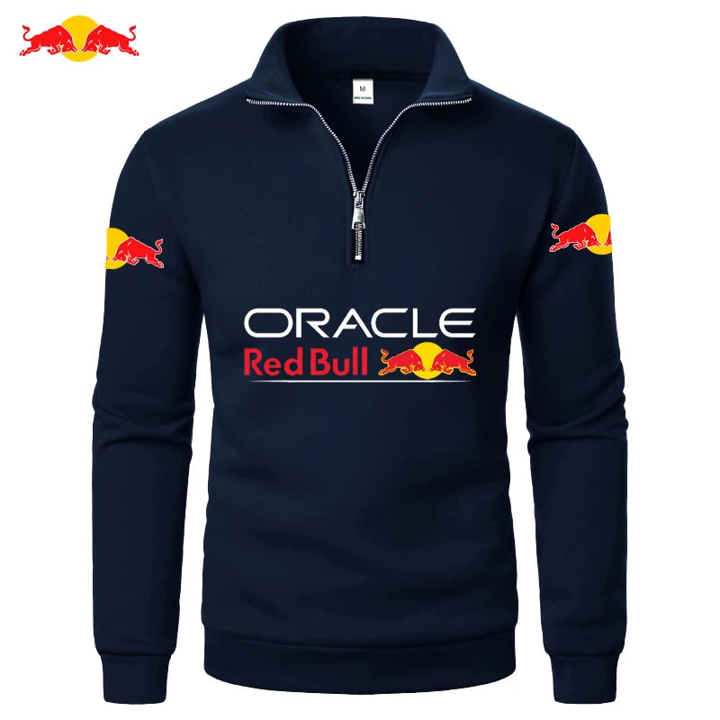 Red Bull Logo Men's High-Neck Half-Zip Long-Sleeved Sport Shirt Autumn-Winter Fashion Thickened Casual Top Solid Color Navy Blue CHINA