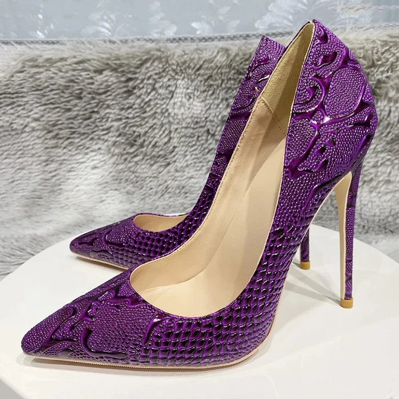 Tikicup Black Embossed Crocodile Women Sexy Pointy Toe High Heel Shoes Slip On Dress Stiletto Pumps Customized Plus Size 33-46 10cm Purple