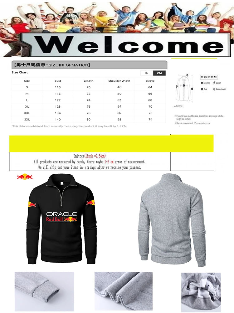 Red Bull Logo Men's High-Neck Half-Zip Long-Sleeved Sport Shirt Autumn-Winter Fashion Thickened Casual Top Solid Color