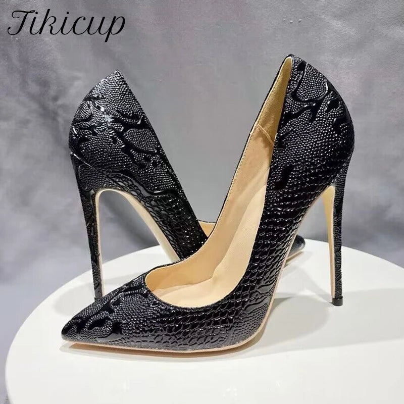 Tikicup Black Embossed Crocodile Women Sexy Pointy Toe High Heel Shoes Slip On Dress Stiletto Pumps Customized Plus Size 33-46