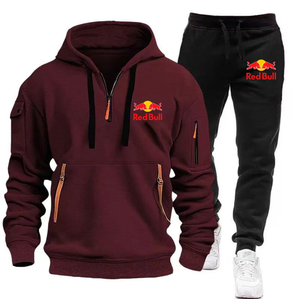 2025 New Red Bull European Size Autumn/Winter Men's Hoodie Set Kangaroo Pocket Hoodie Sports Pants Two Piece Set Burgundy CHINA