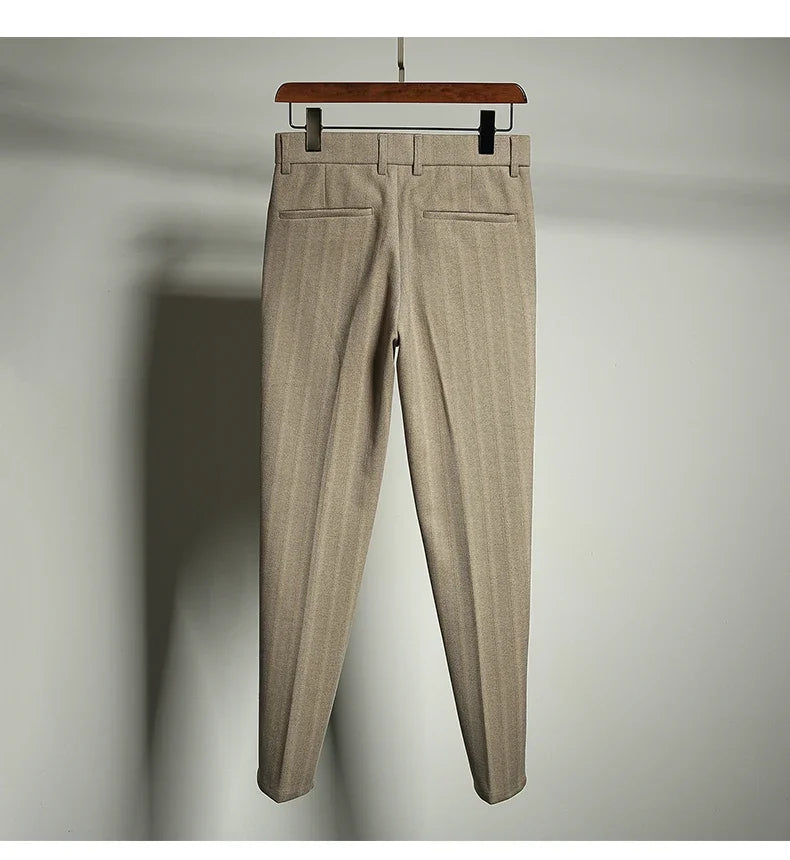 Autumn Winter Thickened Woolen Suit Pant High Quality Men Business Slim Striped Trousers Formal Wear Office Social Dress Pants