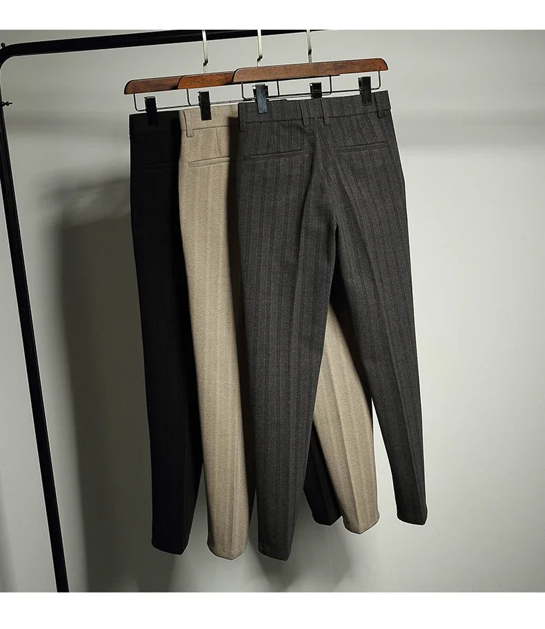 Autumn Winter Thickened Woolen Suit Pant High Quality Men Business Slim Striped Trousers Formal Wear Office Social Dress Pants