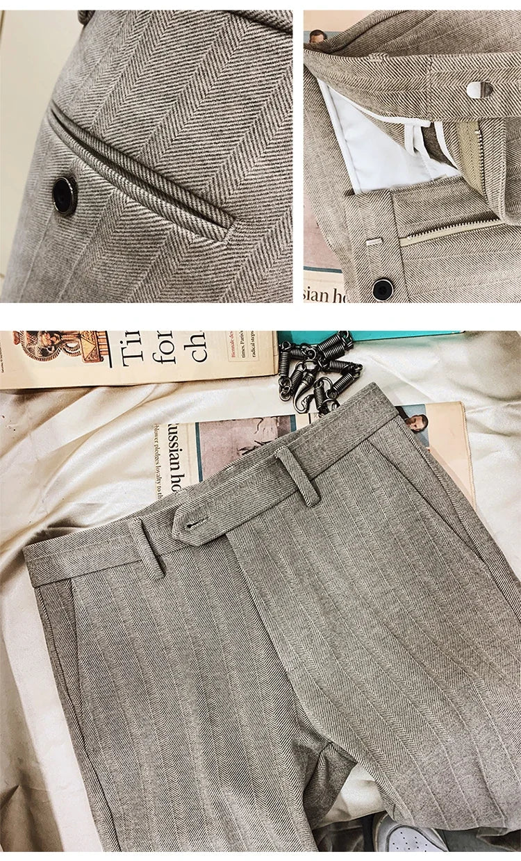 Autumn Winter Thickened Woolen Suit Pant High Quality Men Business Slim Striped Trousers Formal Wear Office Social Dress Pants