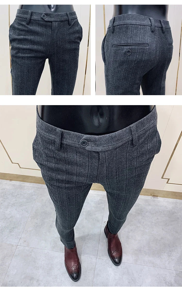 Autumn Winter Thickened Woolen Suit Pant High Quality Men Business Slim Striped Trousers Formal Wear Office Social Dress Pants