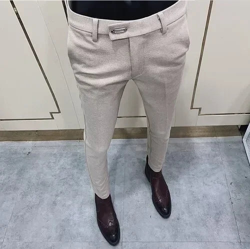 Autumn Winter Thickened Woolen Suit Pant High Quality Men Business Slim Striped Trousers Formal Wear Office Social Dress Pants 903 Khaki Thick CHINA