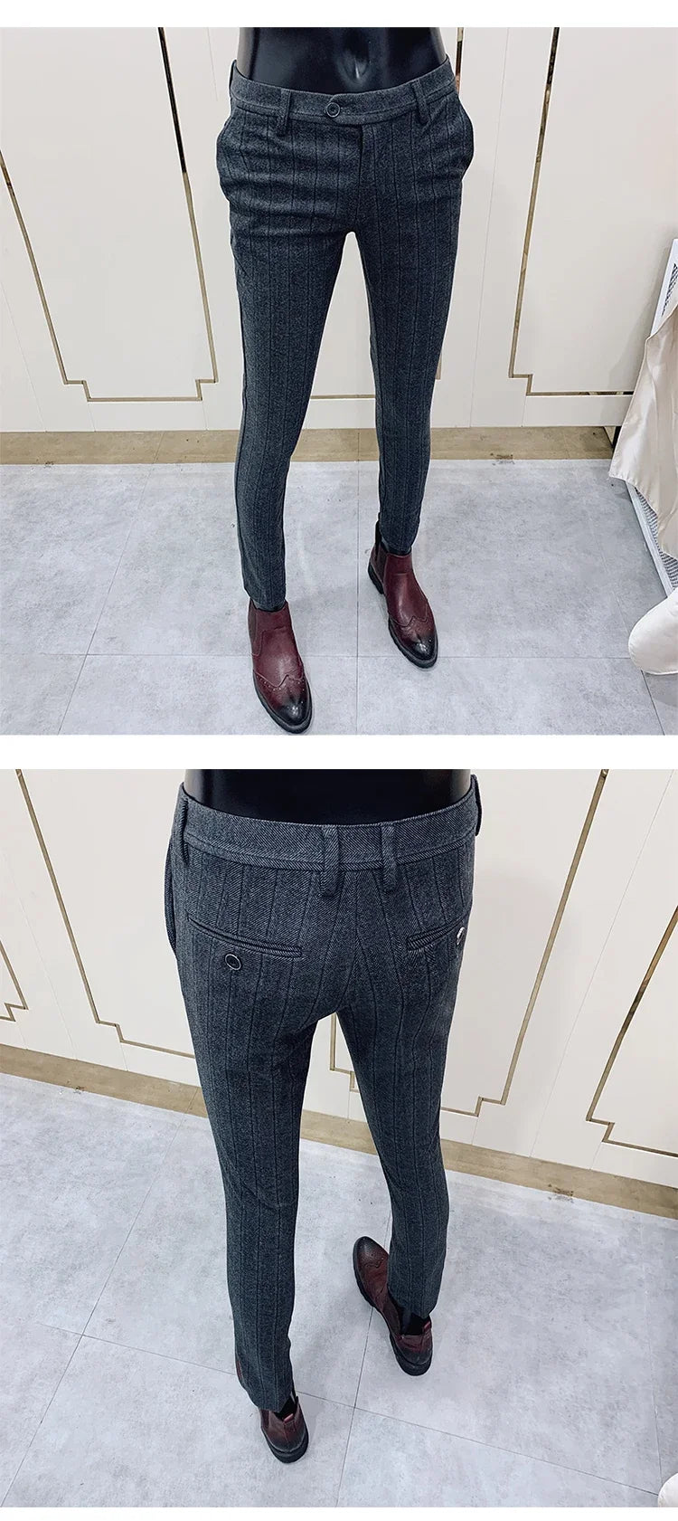 Autumn Winter Thickened Woolen Suit Pant High Quality Men Business Slim Striped Trousers Formal Wear Office Social Dress Pants