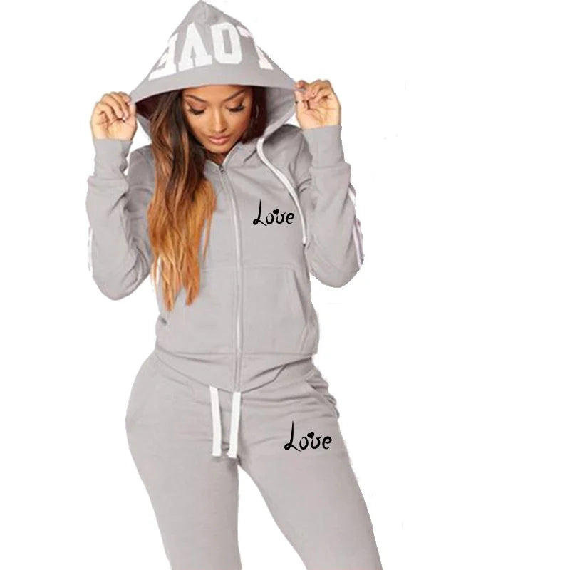 Fashion Women LOVE Letter Print Track Suits Sports Wear Jogging Suits Hoodies+Sweatpants Sweat Suits GRAY