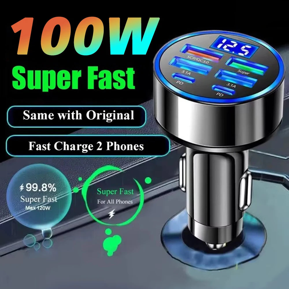 6 in 1 USB C Car Phone Charger Adapter with Voltage Display Dual PD Super Fast for iPhone 15 Pro max OPPO Samsung Huawei
