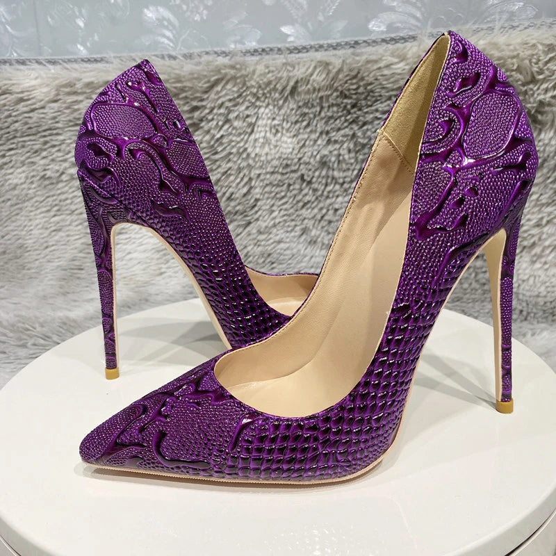 Tikicup Black Embossed Crocodile Women Sexy Pointy Toe High Heel Shoes Slip On Dress Stiletto Pumps Customized Plus Size 33-46 12cm Purple