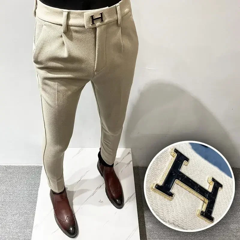 Autumn Winter Thickened Woolen Suit Pant High Quality Men Business Slim Striped Trousers Formal Wear Office Social Dress Pants 919 Khaki Thick CHINA