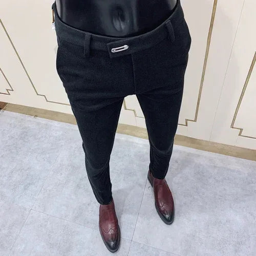 Autumn Winter Thickened Woolen Suit Pant High Quality Men Business Slim Striped Trousers Formal Wear Office Social Dress Pants 903 Black Thick CHINA