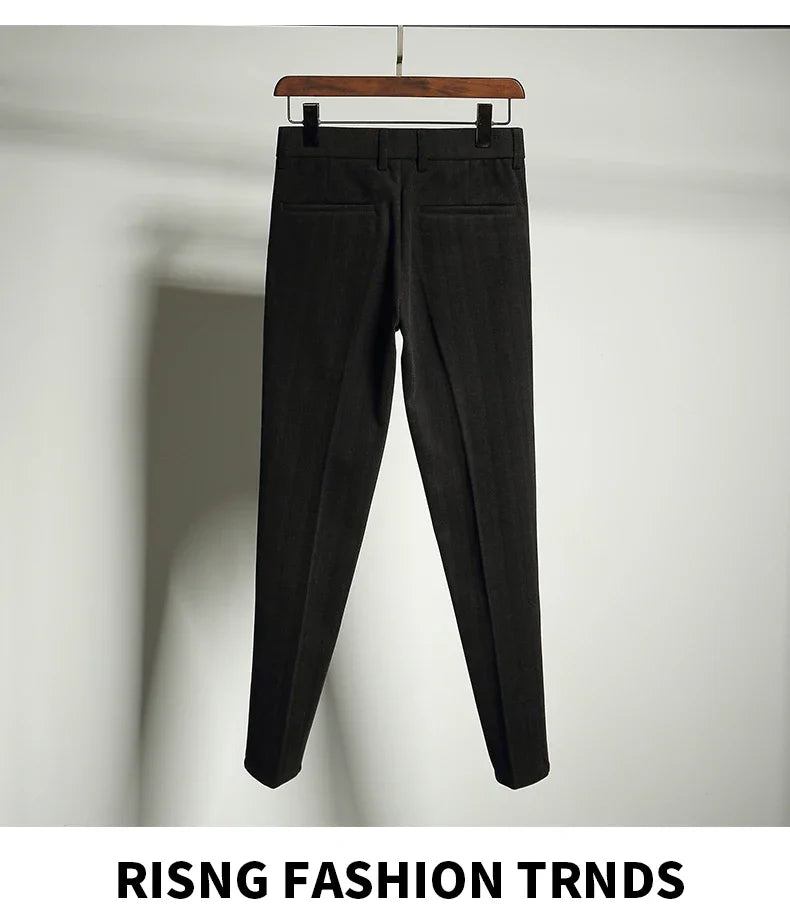 Autumn Winter Thickened Woolen Suit Pant High Quality Men Business Slim Striped Trousers Formal Wear Office Social Dress Pants