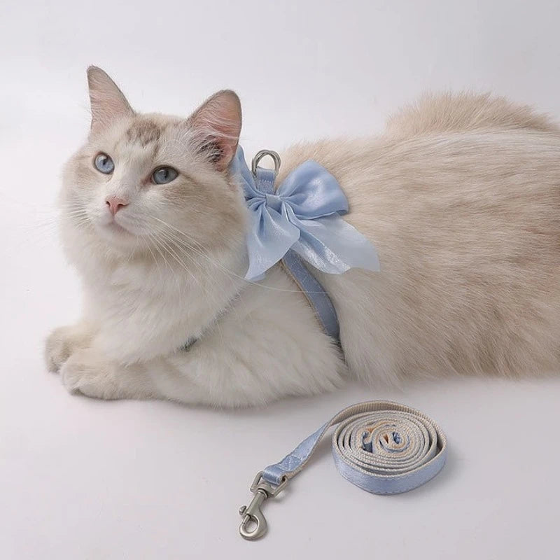 Cute Bowknot Cat Harness and Leash Adjustable Pet Harness with Traction Rope for Cat Kitten Puppy Rabbit Ferret