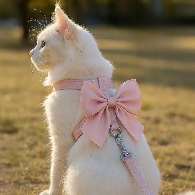 Cute Bowknot Cat Harness and Leash Adjustable Pet Harness with Traction Rope for Cat Kitten Puppy Rabbit Ferret