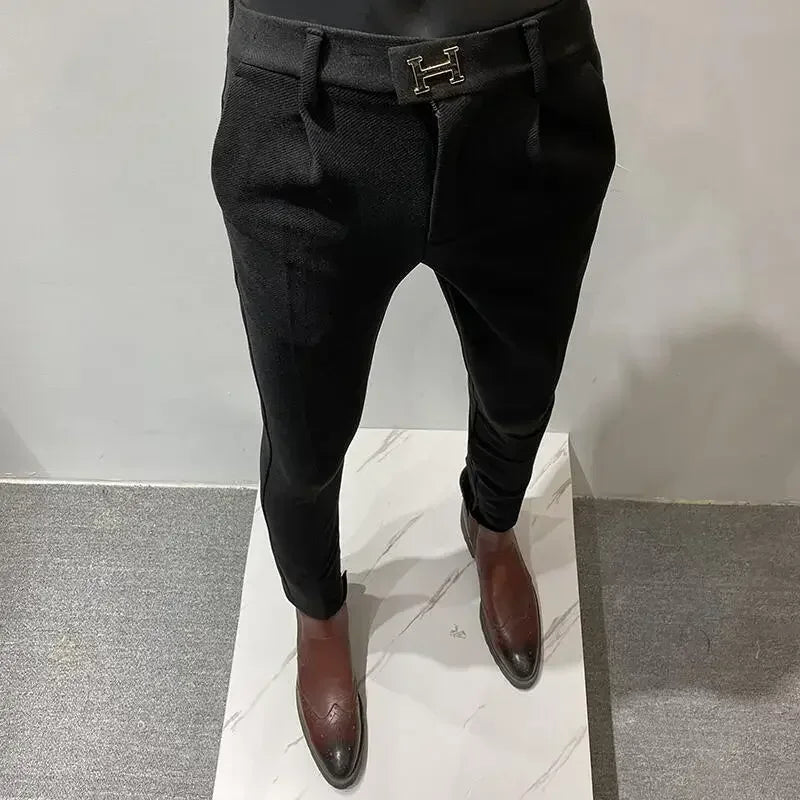 Autumn Winter Thickened Woolen Suit Pant High Quality Men Business Slim Striped Trousers Formal Wear Office Social Dress Pants 919 Black Thick CHINA