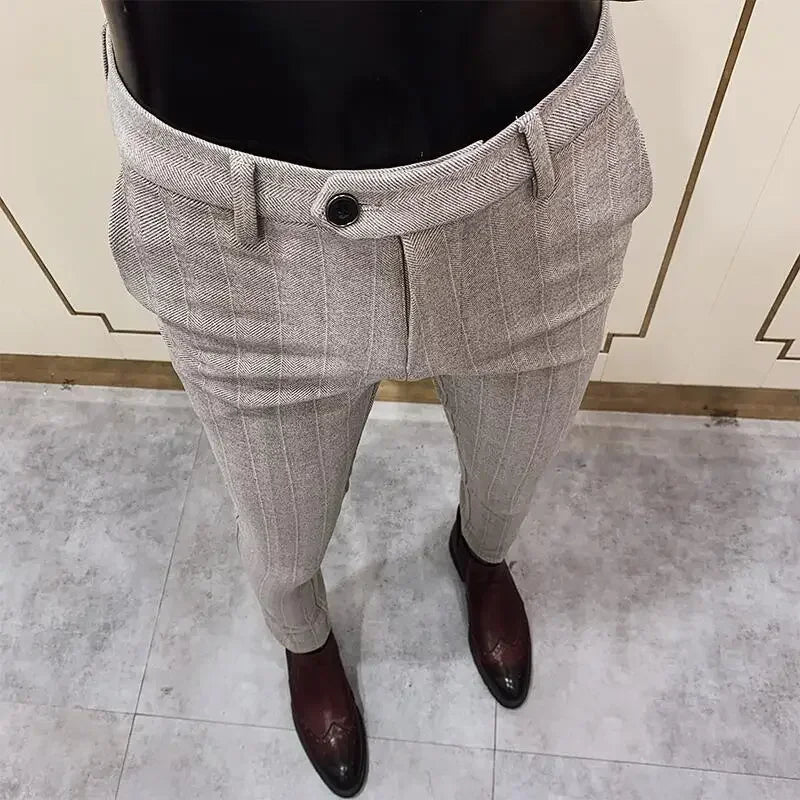 Autumn Winter Thickened Woolen Suit Pant High Quality Men Business Slim Striped Trousers Formal Wear Office Social Dress Pants 904 Khaki Thick CHINA