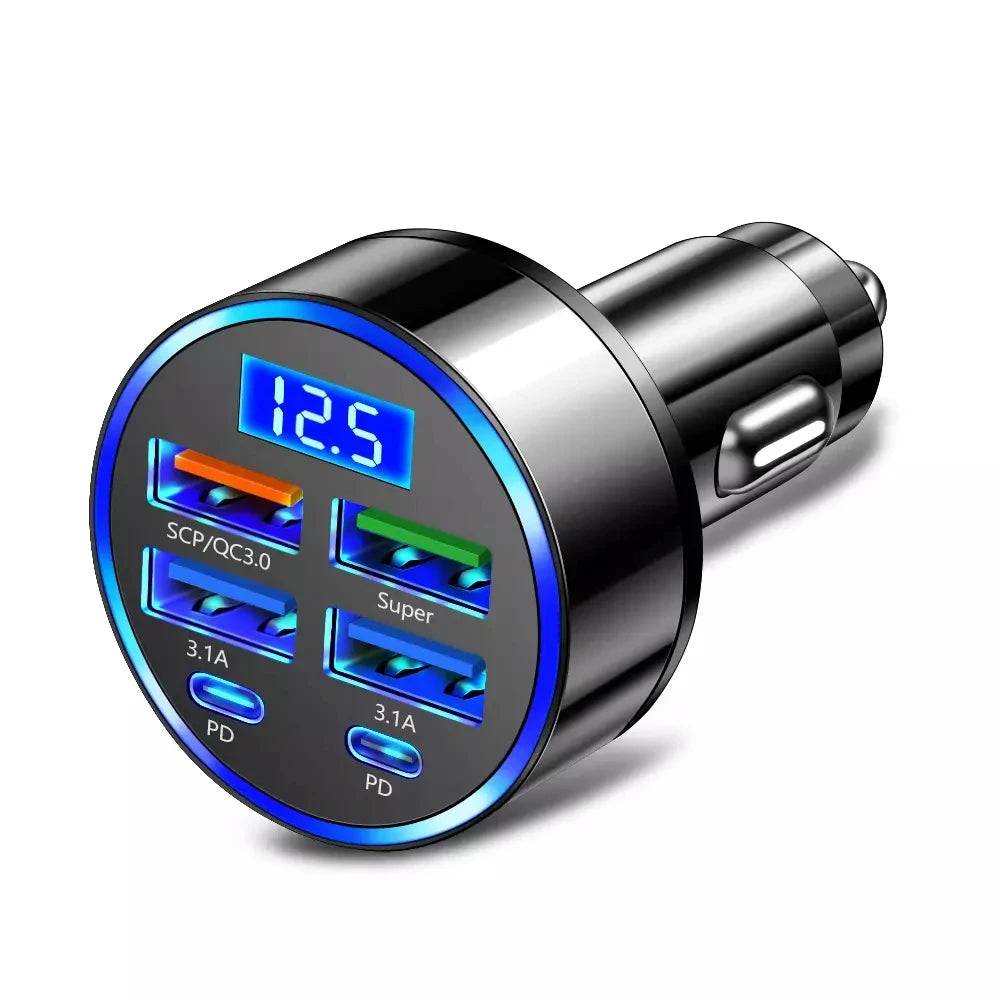 6 in 1 USB C Car Phone Charger Adapter with Voltage Display Dual PD Super Fast for iPhone 15 Pro max OPPO Samsung Huawei A